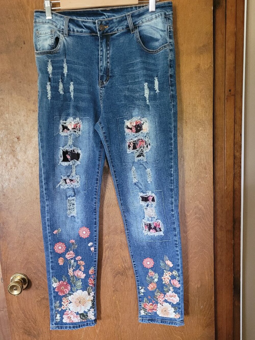 Distressed floral patchwork jeans-Large